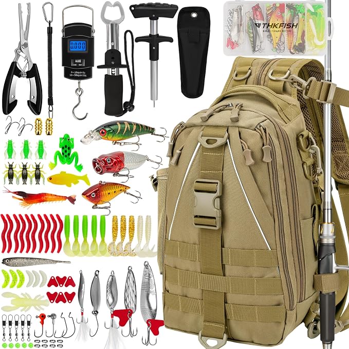THKFISH 85Pcs Fishing Tool Kit, Fishing Backpack with Tackle Boxes Included, Fishing Tackle Kit Include Fishing Bait Lure Gear Kit, Fishing Pliers, Fish Hook Remover, Lip Gripper