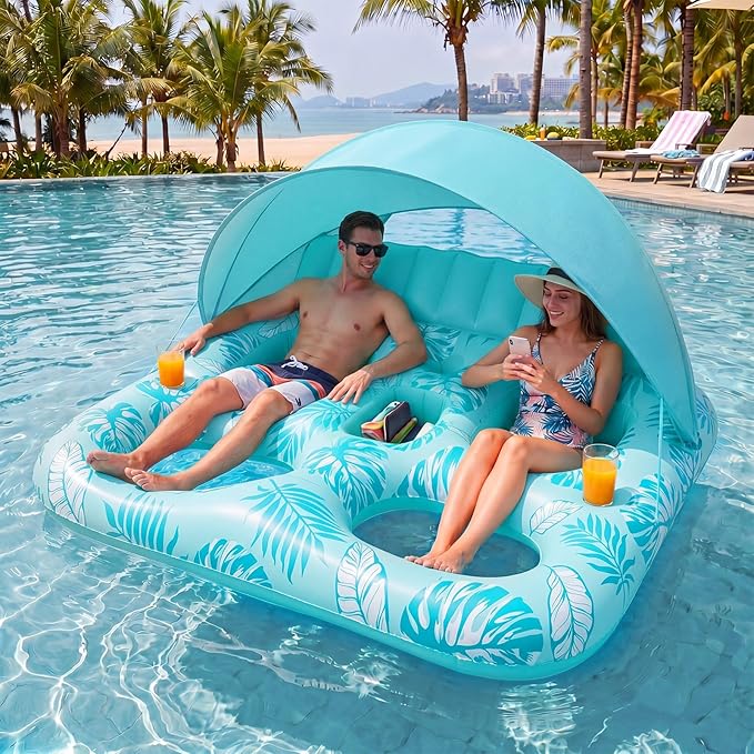 Chumia Pool Floats with Canopy for Adult, UPF50+ 1-2-3 Person Inflatable Floats with Sun Shade Backrest Footrest and Cup Holder Heavy Duty for Pool Lake River Beach Ocean Summer Party Supply