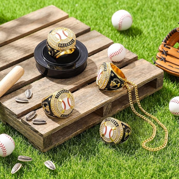 Highergo 20 Pcs Baseball Softball Basketball Football Champion Rings with Display Neck Chain and Stand Volleyball Soccer Cheer Trophy Rings Bulk for Tournament Award Gift