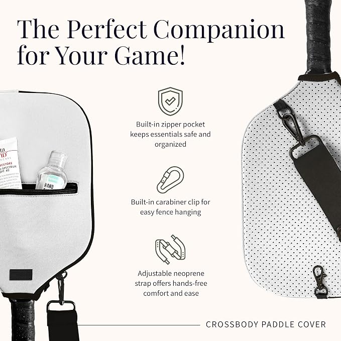 Posh Pickler Crossbody Neoprene Pickleball Bag - Paddle Cover with Adjustable Strap, Built-in Pocket for Essentials, Carabiner Fence Clip, Add-On Ready D-Rings, and Durable Design for Everyday Use