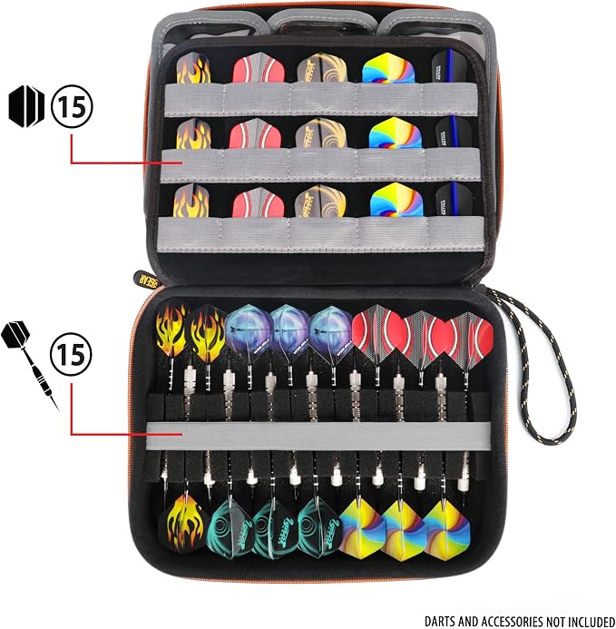 USA Gear XL Semi Hard Shell Dart Case - Protective Case for 15 Piece Dart Set, Tips, Flights and Shafts, and more Accessories - Locking Foam Design for Soft and Steel Tips - Storage Only