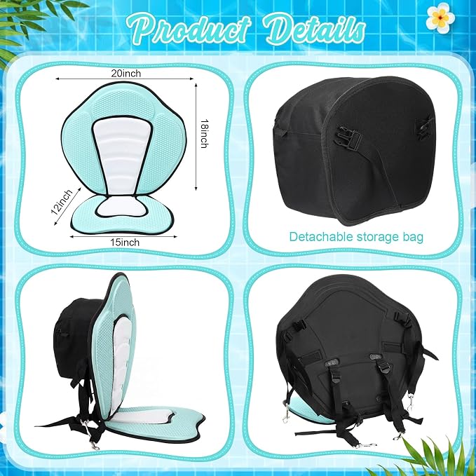 Vinsot Kayak Seat Cushion Universal Paddle Board Seat with Back Support Adjustable Non Slip Boat Chair Seats with 4 Straps and Storage Bag for Kayak Boat Sup Canoe