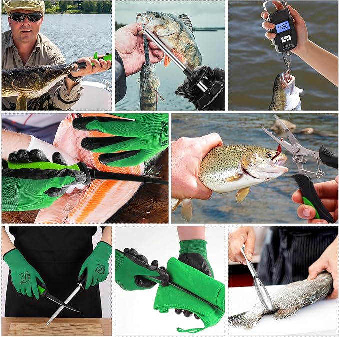 RoundFunny 14 Pcs Fishing Tool Kit, Fillet Knife, Fishing Pliers with Lanyard, Digital Scale, Lip Gripper, Hook Remover Fish Scaler Braid Scissors Gloves Sharpening Rod Retractor Towel Bag