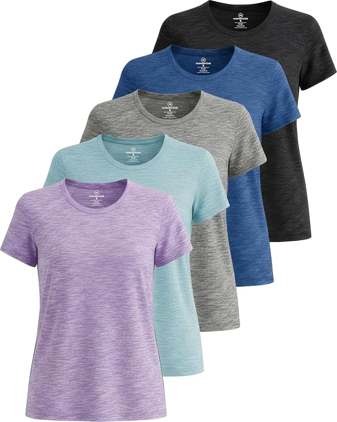 Real Essentials 5 Pack: Women's Short Sleeve T-Shirts Workout Tops Fitness Pilates Gym Activewear Athletic (Plus Available)