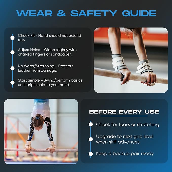 Gibson Athletic Just Right Uneven Bar Gymnastics Grips for Girls - Narrow Fit Leather Hand Grips for Gymnastics Bars - Gymnastics Equipment & Accessories, Made in USA