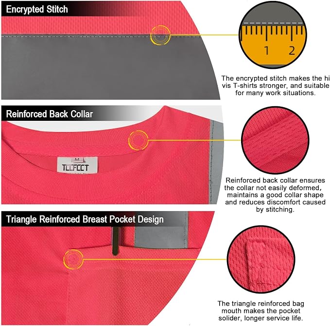 TCCFCCT Construction High Visibility Shirts - Men's & Women's Short Sleeve Work Shirts with Reflective Strips, Durable & Breathable, DC-Pink M