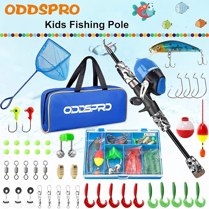 ODDSPRO Kids Fishing Pole - Portable Telescopic Kids Fishing Rod and Reel Combo Kit - with Spincast Fishing Reel Tackle Box for Girls, Youth