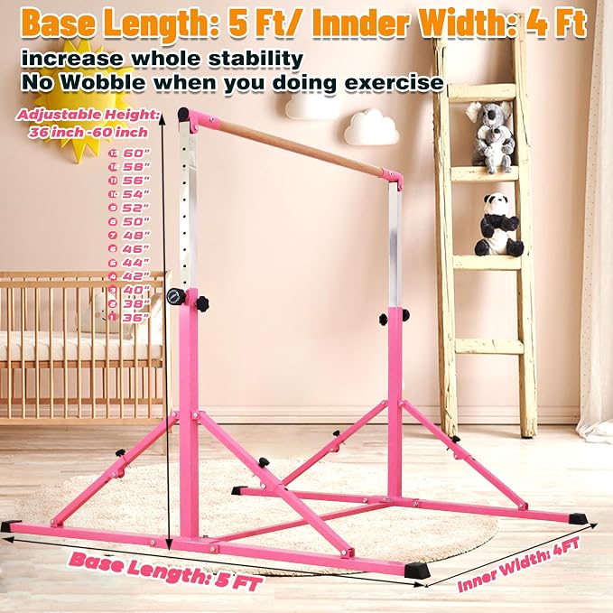 MARFULA 4FT/5FT Gymnastic Bar Set Gymnastics Kip Bar with 5 Ft Length 4Ft Inner Width 5ft Adjust Height Gymnastics Training Bar Equipment for Kids Professional Training Home and Club Use