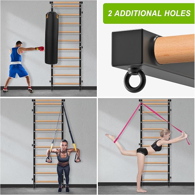 Swedish Stall Bars 2"x2" with 1" Holes, Wall Mounted Wood Gym Ladder for Suspension Training, Home Gym, Calisthenics, Physical Therapy, School & Clinic