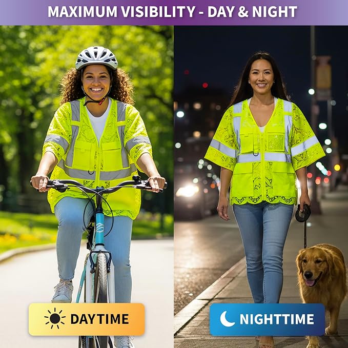 Lace-Mesh Safety Vest for Women & Men - Breathable, High Visibility Vest with Zipper & ANSI Class 2 Reflective Strips
