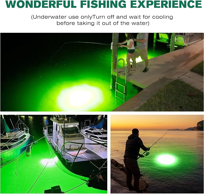 F1 12V Underwater Green Fishing Light, 100W LED Fishing Lights for Night Fishing Docks Boat Kayaks, Submersible Fish Light Attractants for Crappie Snook Squid Fresh&Salt Water (16.4ft Cable)