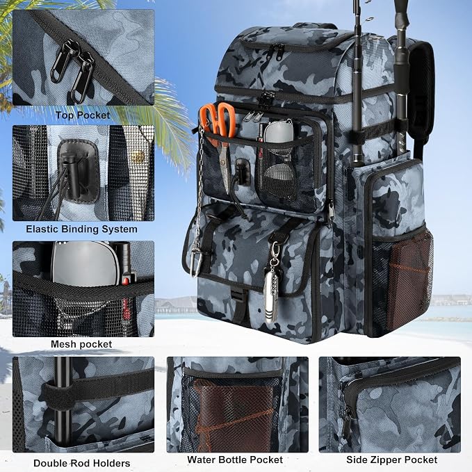 VJI Fishing Tackle Backpack with Rod Holder, Large Tactical Backpack, Fishing Gear Tackle Box Tactical Backpack, Water Resistant Sport Bag and Equipment