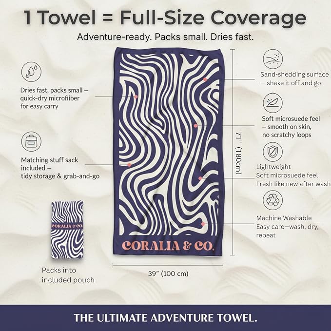 Coralia & Co. Large Microfiber Beach Towel - Quick Dry, Sand-Free, Lightweight with Convenient Storage Pouch (Ocean Breeze)