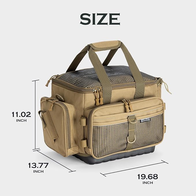 Ghosthorn Fishing Tackle Bag with Rod Holder Saltwater & Freshwater Resistant Large Tackle Box Bag - Waterproof Base, Adjustable Padded Shoulder Strap (Khaki)