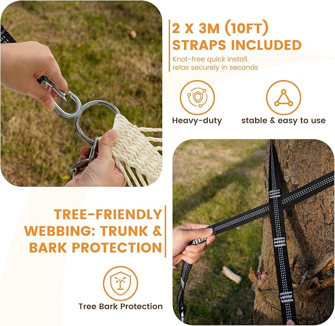 Lazy Daze Hammocks 13-FT Polyester Rope Hammock, Double 2 Person Traditional Hand Woven Outdoor Hammock with Spreader Bar, Carabiners, Tree Straps, Chains for Outside Patio- Max 450 Lbs, Natural