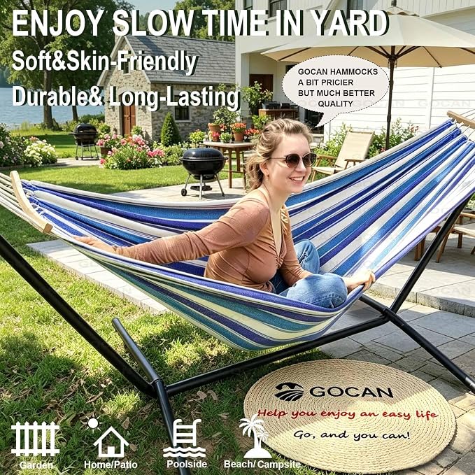 Double Hammock 2 Person Extra Large 220x150cm Total Length 330cm Load 500lb Canvas Cotton Hammock for Patio Porch Garden Backyard Lounging Outdoor and Indoor with Removable Spreader bar