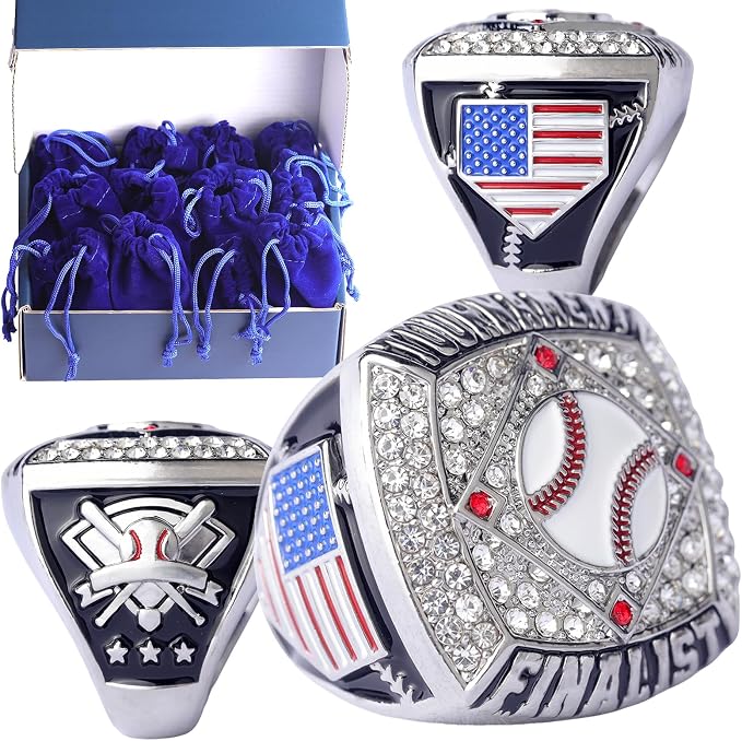 12 pcs Pack Gold Champions Silver Finalist Baseball Championship Trophy Ring Baseball Awards for Teams,Baseball Players Awards Size 9