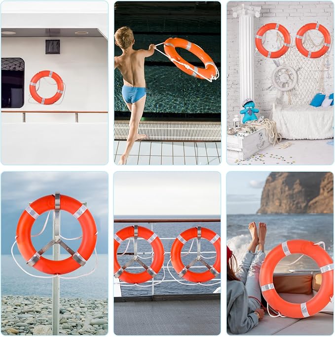 Life Preserver Ring 23"/28", Boat Safety Throw Rings with Bracket, Orange Buoy with Rope 98.5 FT and Reflective Tape for Boat