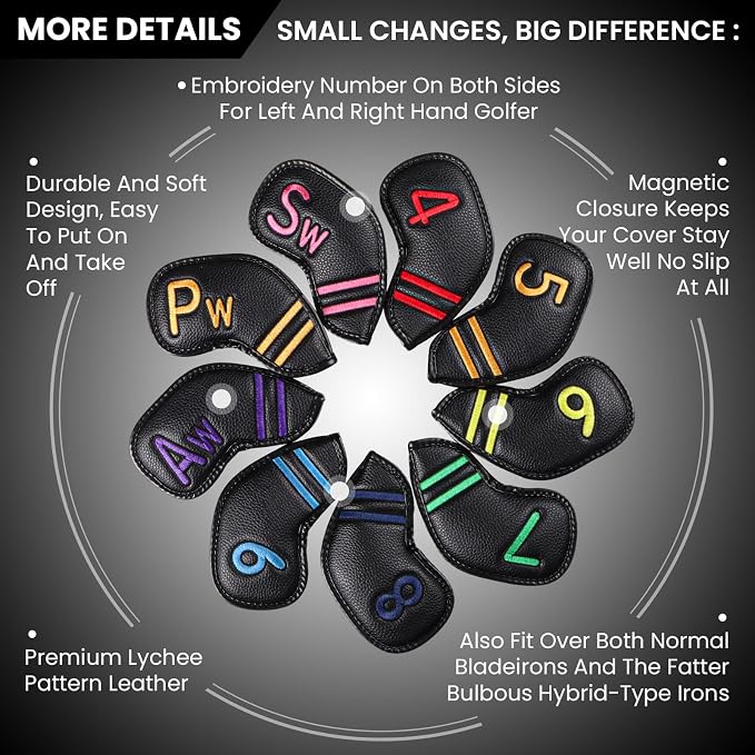 FINGER TEN Magnetic Golf Club Head Covers Value 9 Pack for Iron and Wedge, Premium PU Leather with Double-Sided Colorful Embroidery Label, Stylish Black Covers for Strong Protection
