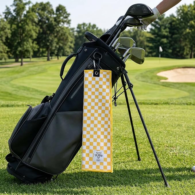 Against The Grain Microfiber Pink Golf Towel for Golf Bags Women with Clip - (12"x20") Yellow & White Checkered Design Golf Club Towel, Womens Golf Towel, Golf Gifts for Women