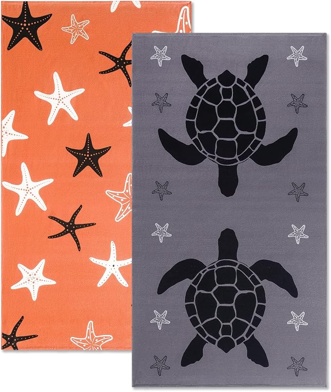Belista Oversized Beach Towels 4 Pack,40”x70” Microfiber Thin Large Beach Towel Set for Adults Travel Camping Swimming,Turtle Starfish Them Sand Free Quick Dry Lightweight XL Pool Towels,Orange & Gray