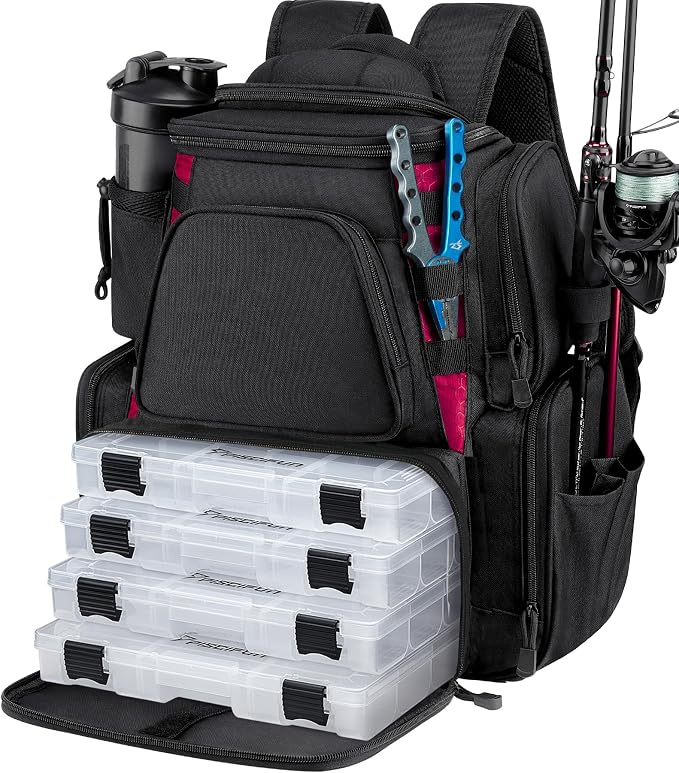 Piscifun Fishing Backpack with 2 Rod Holders & 4 Tackle Boxes, Large Tackle Storage Bag With Rain Cover for Fishing Gear