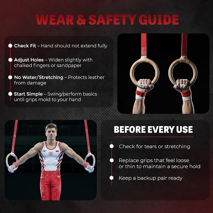 Reisport Men's Ring Gymnastics Grips - Durable Leather Hand Grips for Gymnastics Rings Men & Boys - Gymnastics Equipment & Accessories for Advanced Gymnasts