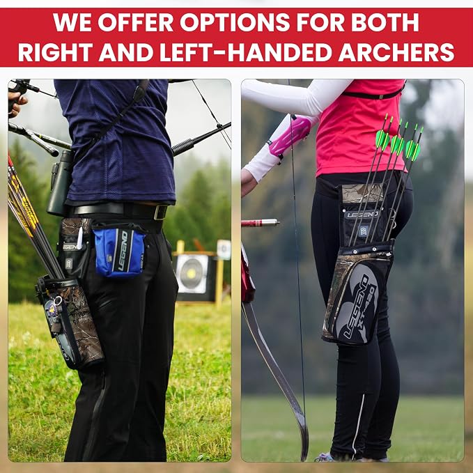 Legend XT420 Field Quiver - Left or Right-Handed Quiver Arrow Holder, Archery Quiver with 3 Arrow Tube, Durable Nylon Hip Quivers with Multiple Pockets for Archery Accessories, Score Card & Tools