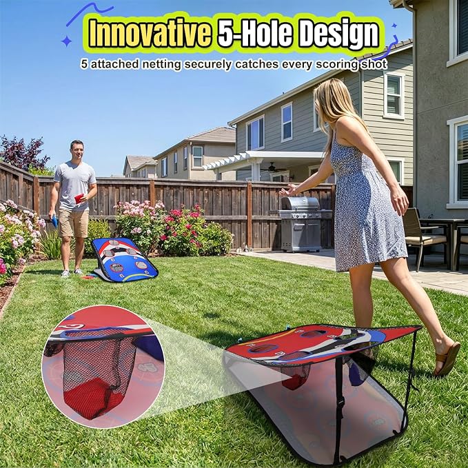 ROSE ME Cornhole Board Set, Portable Collapsible 5 Holes & Double Sided 3x2 ft Corn Hole Boards with 8 Bean Bags 12 Sticky Balls Free Carry Case, Adults Outdoor Toss Games for Yard, Beach, Lawn
