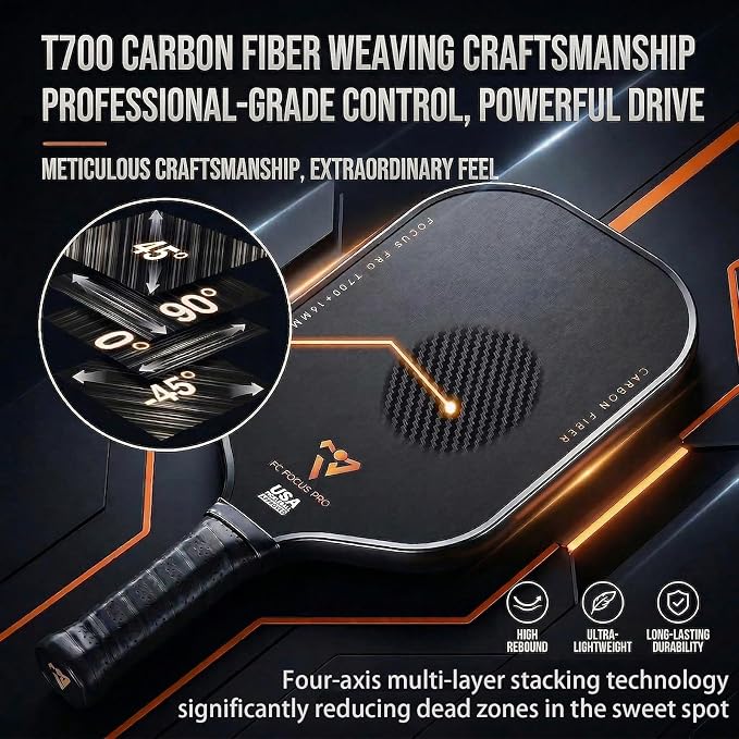 T700 Carbon Fiber Pickleball Paddle, Pickleball Set 16mm Pickle Ball Rackets with CMS Matte Surface Lightweight Honeycomb Core & Durable Edge Frame Larger Sweet Spot