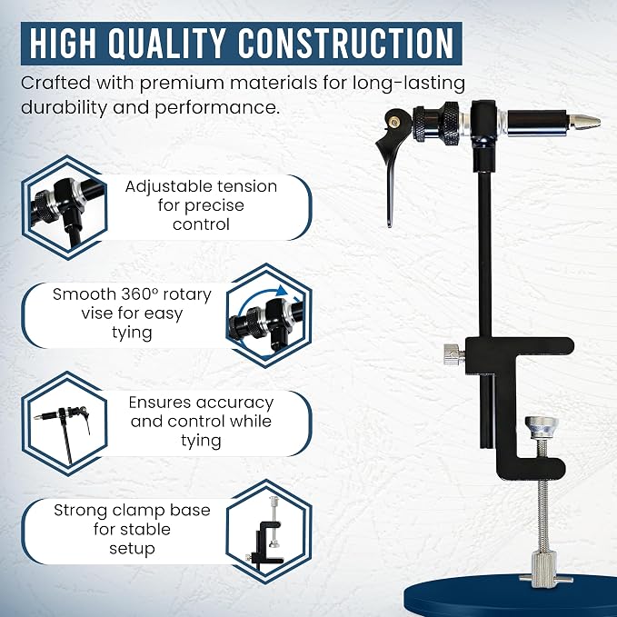 Rotary Fly Tying Vise for Beginners – 360° Sturdy Clamp Base Black Fly Vise/Complete Fly Fishing Tools Kit | Fly Tying Materials Kit | Fly Tying Kit Accessories for Fishing Enthusiasts