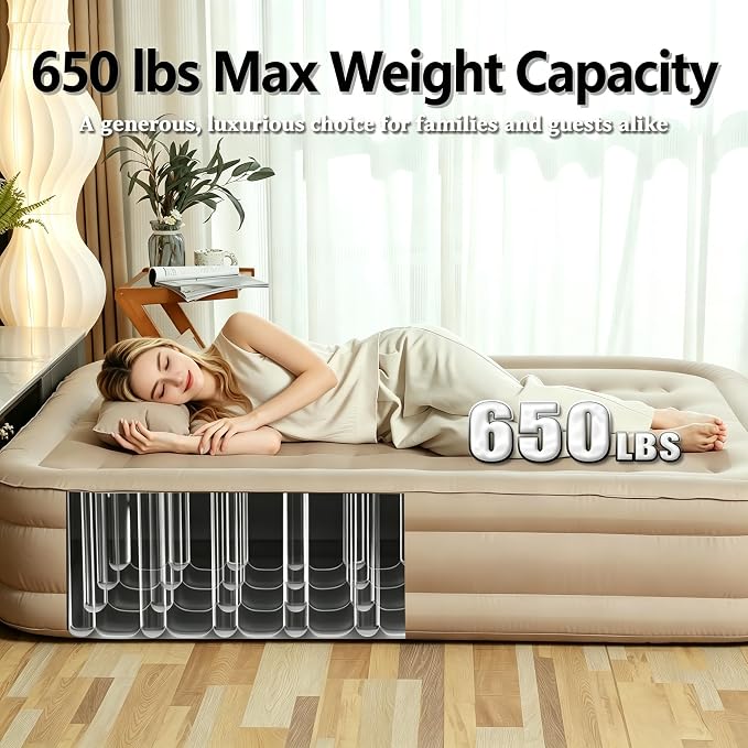 Queen Air Mattress with Fast Inflation Pump, Queen Air Mattress - Leak-Free & Odorless Inflatable Bed for Travel and Guests, Supports up to 650 lbs - Ideal for Camping and Home, 16" Height