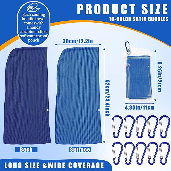 Breling 10 Pack Cooling Hoodie Towels, UPF 50 Sun Protection & Instant Cooling Towels Hoodie for Neck and Face Head Wrap for Hot Weather Sport, Gym, Camping Summer Outdoor Activity(Navy Blue)