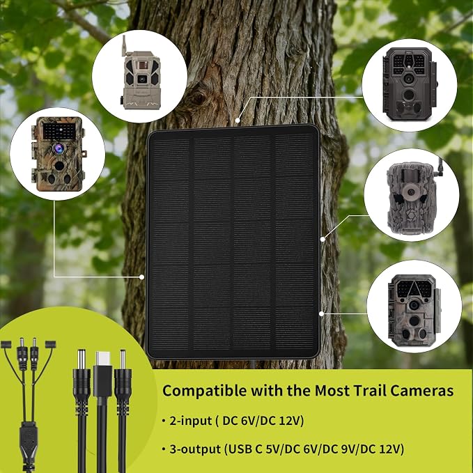 LIYVZ Trail Camera Solar Panel with Bulit-in 5000mAh Battery 2 Pack, 3W Solar Panel for Trail Camera IP66 Waterproof Multi Interfaces with USB-C & DC 6V/9V/12V Output, 360° Adjustable
