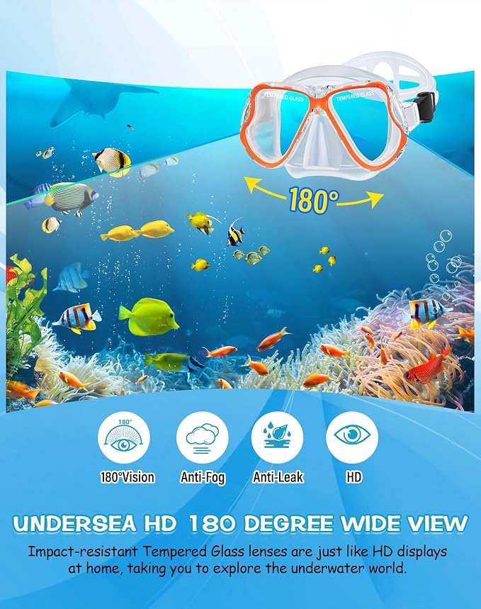 Greatever Dry Snorkel Set,Panoramic Wide View Anti-Fog Scuba Diving Mask,Professional Snorkeling Gear for Adults Kids