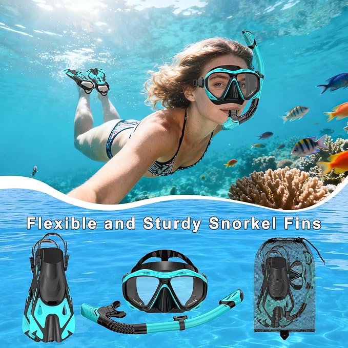 Snorkeling Gear for Adults, Mask Fin Snorkel Set, Dry Top Snorkel Mask, Panoramic View Anti-Leak Anti-Fog 3 in 1 Snorkeling Kit Travel Diving Package with Storage Bag