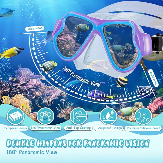 Snorkeling Gear for Kids, 4 in 1 Child Mask Fins Snorkel Set with Panoramic View Anti Fog Mask, Dry Top Snorkel, Trek Fins and Travel Bag, Kids Snorkeling Set with Fins for Snorkeling Swimming