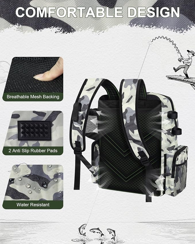 Fishing Backpack, Large Water Resistant Tackle Bag Storage Fishing Gear and Equipment, Built-in Cooler Compartment Grey