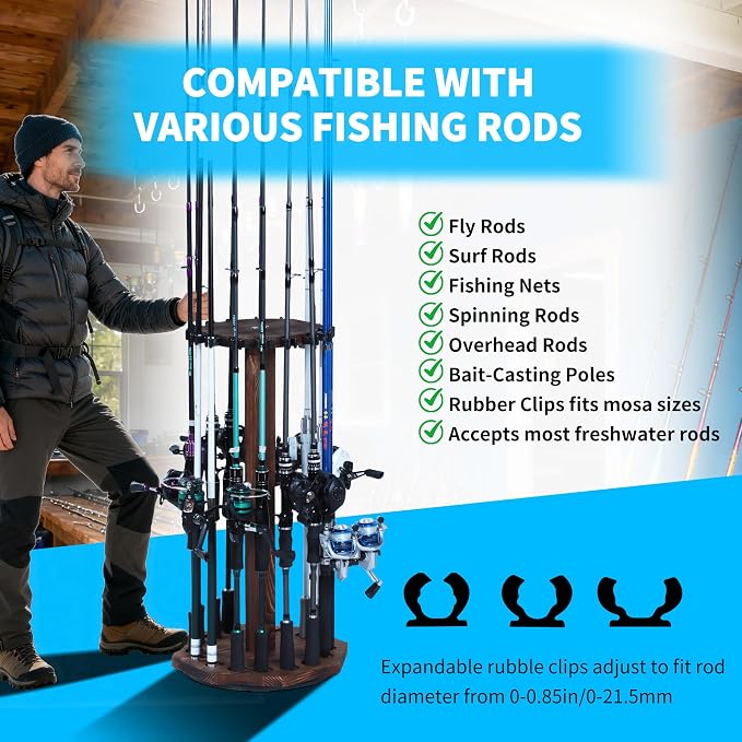 360° Rotating Natural Wood Fishing Rod Holder, Round Floor-Standing Fishing Rack Stores 16 Rods, Fishing Pole Storage Organizer for Garage, Basement, or Shed, Easy to Install