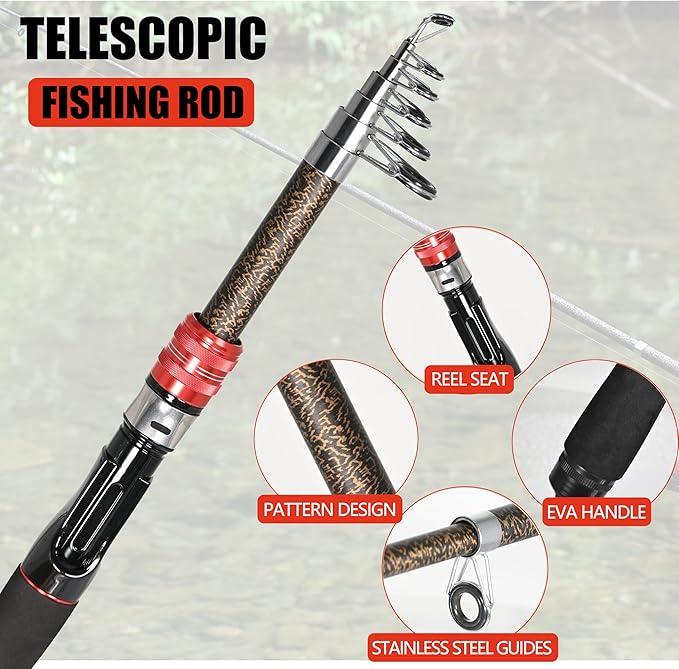 Fishing Pole Combo Set 6.9ft Telescopic Fishing Rod and Reel Combo with Fishing Pliers and Lip Gripper Collapsible Fishing Rod and Reel Kits for Bass Sea Saltwater Freshwater