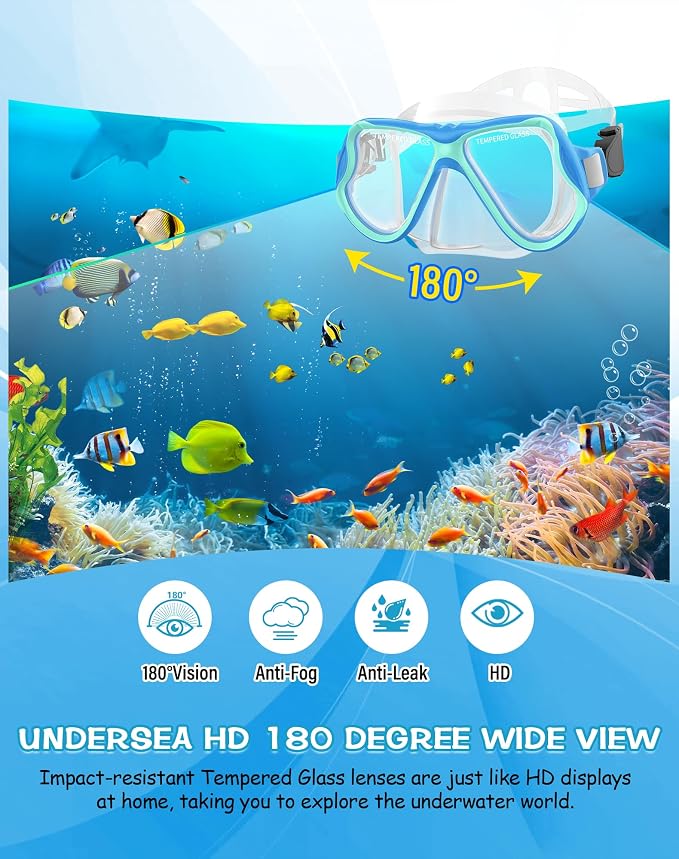 Greatever Snorkeling Gear for Adults, Dry Snorkel Set Panoramic View Snorkel Mask, Anti-Leak Anti-Fog Scuba Diving Swimming Mask with Adjustable Strap and Travel Mesh Bag