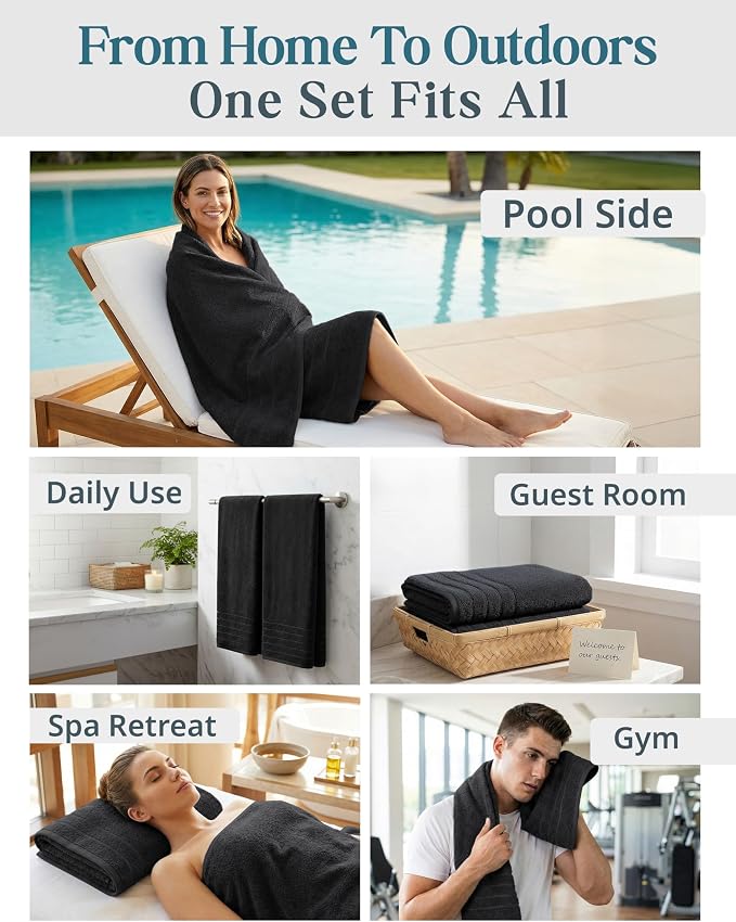 Casa Platino Bath Sheet Towel Set, 4 Pack Bath Sheet(36"x 72"), 100% Ring Spun Cotton Bath Sheets, Lightweight Black Bath Sheet, Highly Absorbent Black Towels, Quick Drying Towels Set, Soft Towel