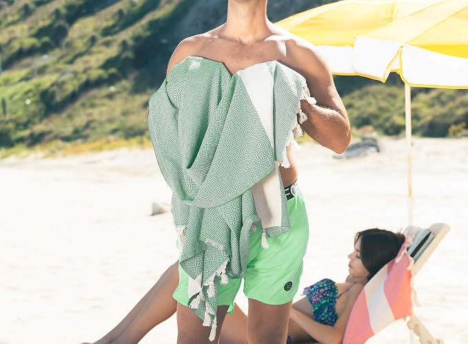 Bazaar Anatolia Turkish Beach Towel – 100% Cotton, Quick Dry, Sand Free Towel for Bathroom, Camping, Travel, Sage Olive – Oversized 71x39 Inches – Diamond Green