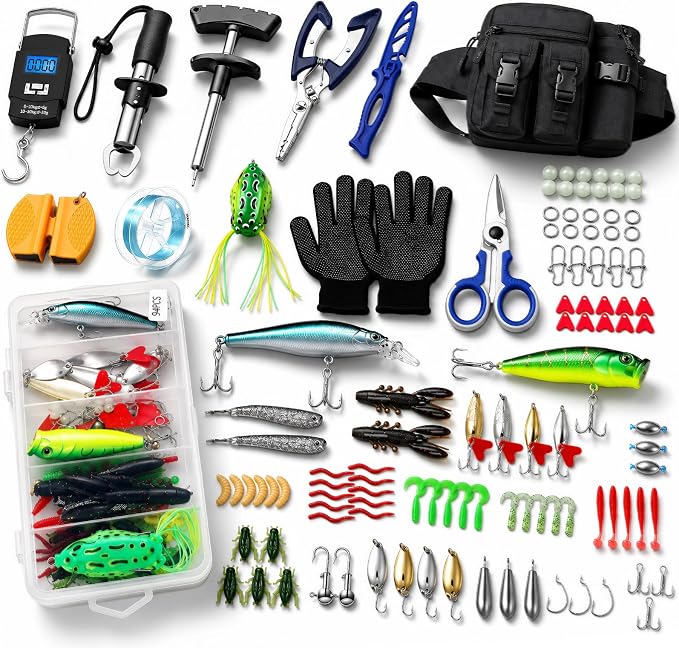 Fishing Tool Kit - 112pcs Fishing Gear & Equipment, Fish Pliers, Hook Remover, Scale, Scissors, Lip Gripper, Lures