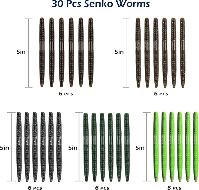 4"/5" Senko Worms Kit, Salt Impregnated Soft Plastic Lures | 30/50/78/100 Wacky Worms for Bass Fishing, Freshwater & Saltwater Applications,Artificial fishing bait