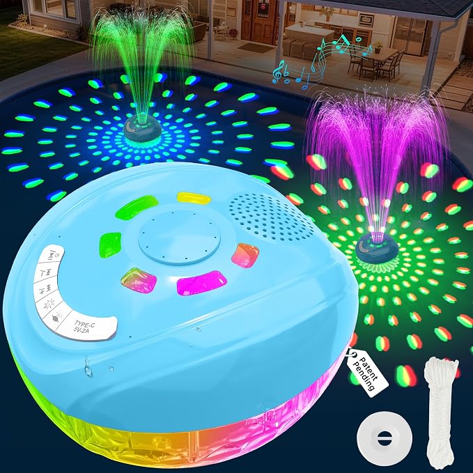 FluSing 3 in 1 Pool Fountain with Bluetooth Pool Speaker,Rechargeable Floating Pool Fountain with Light,Pool Water Fountain Pump IP68 Waterproof Pool Speaker,BT5.4,Above Ground Pool Fountain-LightBlue