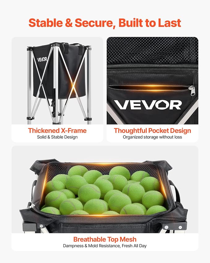 VEVOR Tennis & Pickleball Hopper Holds 200/175/150/120 Balls, 3-in-1 Tennis Foldable Pickleball Basket Cart for Easy Installation, Storage Bag for Tennis Training & Teaching