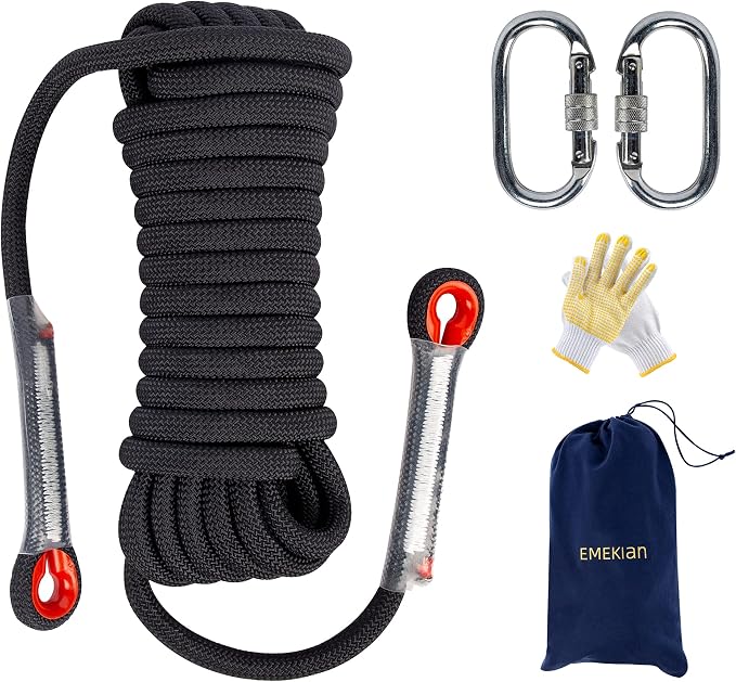 Indoor Outdoor Climbing Rope, 10/12/14mm (32FT/49FT/65FT/98FT) Static Rock Climbing Rope for Escape Rope, Ice Climbing Equipment, Fire Safety Rescue Rope, with Non Slip Gloves