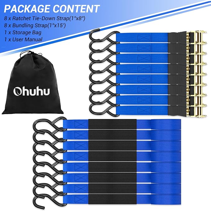 Ratchet Tie Down Strap 8-Pack 15 Ft - 500 lbs Load Cap with 1500 lbs Breaking Limit, Ohuhu Ratchet Tie Downs Logistic Cargo Straps for Moving Appliances Motorcycle Blue