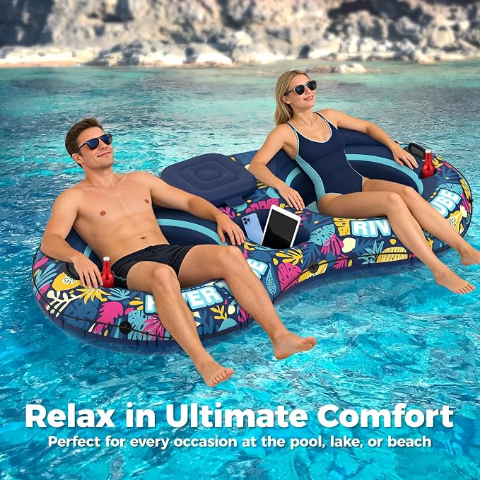 Pool Floats Adult, 2 Person River Tubes Inflatable 5-in-1 Heavy Duty River Raft with Backrests Builtin Cooler 2 Cup Holders Floating Lounge for Lake Swimming Tanning Pool Toys Summer Relaxation